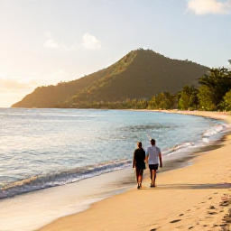 Caribbean Holidays, Guadeloupe Luxury Holidays, Couple walking along a quiet golden beach in Guadeloupe at sunrise, with calm turquoise water and lush tropical hills in the distance