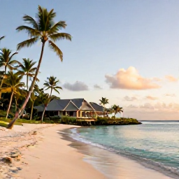 Caribbean Holidays, Guadeloupe Luxury Holidays, Elegant beachfront resort in Guadeloupe at golden hour, with palm trees, calm turquoise water and discreet luxury