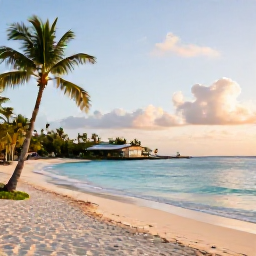 Caribbean Holidays, Guadeloupe Luxury Holidays, Elegant beachfront resort in Guadeloupe during February, with a calm turquoise sea, palm trees and warm late-afternoon light