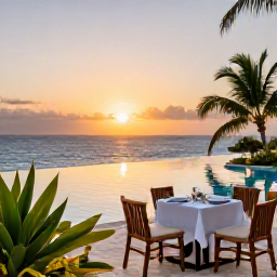 Caribbean Holidays, Guadeloupe Luxury Holidays, Elegant Guadeloupe hotel terrace at sunset with ocean views, infinity pool, tropical plants and relaxed fine dining