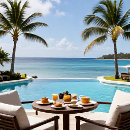 Caribbean Holidays, Guadeloupe Luxury Holidays, Elegant Guadeloupe hotel terrace overlooking a calm blue lagoon, with palm trees and a relaxed breakfast setting
