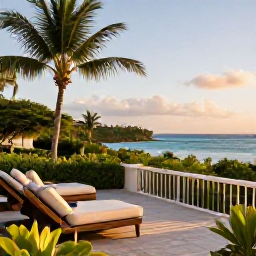 Caribbean Holidays, Guadeloupe Luxury Holidays, Elegant Guadeloupe hotel terrace overlooking a tropical garden and Caribbean coastline, warm November afternoon