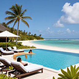 Caribbean Holidays, Guadeloupe Luxury Holidays, Elegant Guadeloupe resort pool overlooking a quiet sandy beach, tropical gardens and guests relaxing