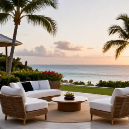Caribbean Holidays, Guadeloupe Luxury Holidays, Elegant luxury hotel terrace in Guadeloupe overlooking the Caribbean Sea at sunset, with stylish seating, tropical gardens and soft evening light