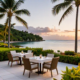 Caribbean Holidays, Guadeloupe Luxury Holidays, Elegant luxury hotel terrace overlooking a calm Guadeloupe bay at sunset, with outdoor dining and tropical gardens