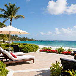 Caribbean Holidays, Guadeloupe Luxury Holidays, Elegant luxury hotel terrace overlooking a Guadeloupe beach, with loungers, tropical gardens and a bright December sky