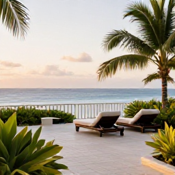 Caribbean Holidays, Guadeloupe Luxury Holidays, Elegant luxury hotel terrace overlooking the Caribbean Sea in Guadeloupe, with comfortable loungers, tropical plants and soft morning light