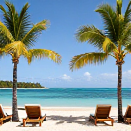 Caribbean Holidays, Guadeloupe Luxury Holidays, Elegant luxury resort overlooking a calm turquoise Caribbean bay in Guadeloupe, with palm trees, sun loungers and a bright blue sky
