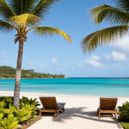 Caribbean Holidays, Guadeloupe Luxury Holidays, Elegant luxury resort overlooking a turquoise Caribbean bay in Guadeloupe during March, bright sunshine, palm trees and a relaxed atmosphere