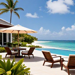 Caribbean Holidays, Guadeloupe Luxury Holidays, Elegant luxury villa overlooking a Guadeloupe beach, private infinity pool, tropical garden and comfortable outdoor dining area