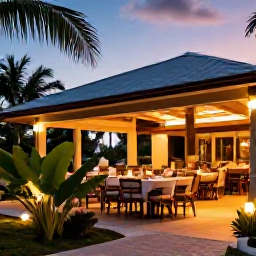 Caribbean Holidays, Guadeloupe Luxury Holidays, Elegant outdoor restaurant in Guadeloupe serving Creole seafood at sunset, with tropical plants and warm lighting