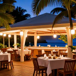 Caribbean Holidays, Guadeloupe Luxury Holidays, Elegant outdoor restaurant in Guadeloupe serving fresh seafood and Creole cuisine, with tropical foliage and evening lighting