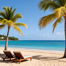 Caribbean Holidays, Guadeloupe Luxury Holidays, Golden sandy beach in Guadeloupe with luxury sun loungers, calm turquoise sea and palm trees under a clear sky