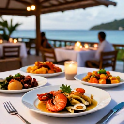 Caribbean Holidays, Guadeloupe Luxury Holidays, Gourmet Caribbean dinner in Guadeloupe, featuring fresh seafood, colourful local dishes and a candlelit terrace