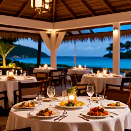 Caribbean Holidays, Guadeloupe Luxury Holidays, Gourmet Creole dinner at an elegant open-air restaurant in Guadeloupe, local seafood, tropical ingredients and candlelit tables