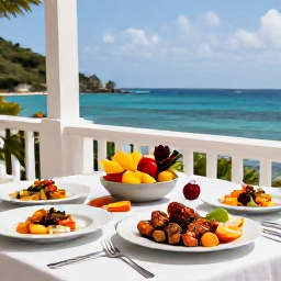 Caribbean Holidays, Guadeloupe Luxury Holidays, Gourmet French-Caribbean dinner on a terrace in Guadeloupe, featuring fresh seafood, tropical fruit and an ocean view