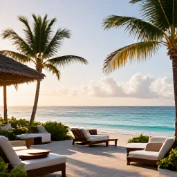 Caribbean Holidays, Guadeloupe Luxury Holidays, Luxury beachfront hotel in Guadeloupe at sunrise, turquoise sea, palm trees and elegant terrace