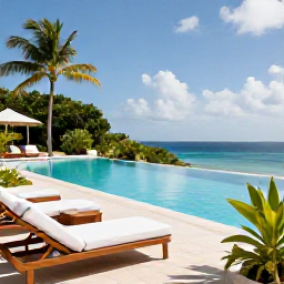 Caribbean Holidays, Guadeloupe Luxury Holidays, Luxury beachfront hotel terrace in Guadeloupe with infinity pool, ocean views, white loungers and tropical gardens in warm March sunlight