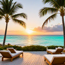 Caribbean Holidays, Guadeloupe Luxury Holidays, Luxury beachfront resort in Guadeloupe at sunset, turquoise Caribbean sea, elegant terrace and palm trees