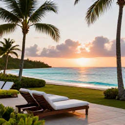 Caribbean Holidays, Guadeloupe Luxury Holidays, Luxury beachfront resort in Guadeloupe at sunset, with elegant loungers, turquoise sea and tropical gardens