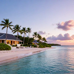 Caribbean Holidays, Guadeloupe Luxury Holidays, Luxury beachfront resort in Guadeloupe at sunset, with elegant suites, palm trees and calm turquoise Caribbean water