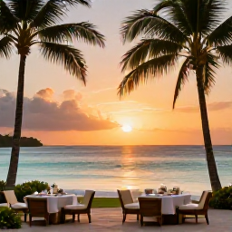 Caribbean Holidays, Guadeloupe Luxury Holidays, Luxury beachfront resort in Guadeloupe at sunset, with palm trees, calm turquoise sea and elegant outdoor dining