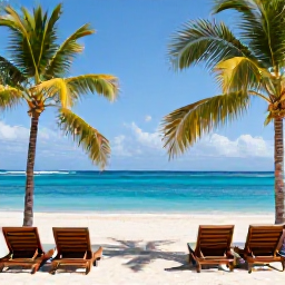 Caribbean Holidays, Guadeloupe Luxury Holidays, Luxury beachfront resort in Guadeloupe in January, with a calm turquoise sea, white sand, palm trees and elegant sun loungers