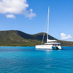Caribbean Holidays, Guadeloupe Luxury Holidays, Luxury catamaran sailing beside Guadeloupe coastline in bright July sunshine, with clear water and green hills