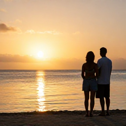 Caribbean Holidays, Guadeloupe Luxury Holidays, Luxury Guadeloupe holiday scene with a couple watching a golden sunset beside a calm Caribbean sea
