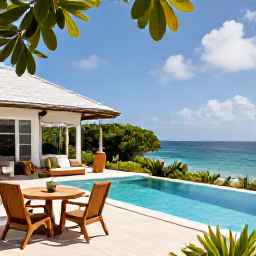 Caribbean Holidays, Guadeloupe Luxury Holidays, Luxury Guadeloupe villa with private pool overlooking the Caribbean Sea, tropical garden and comfortable outdoor dining area
