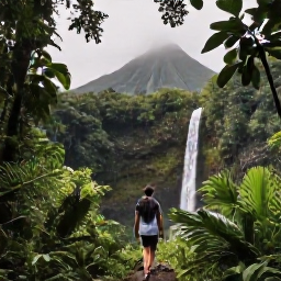 Caribbean Holidays, Guadeloupe Luxury Holidays, Luxury traveller walking through Guadeloupe rainforest to a waterfall, with lush foliage and volcanic mountain scenery