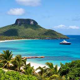 Caribbean Holidays, Guadeloupe Luxury Holidays, Luxury yacht cruising beside the Guadeloupe islands with clear blue water, green hills and a small sandy beach