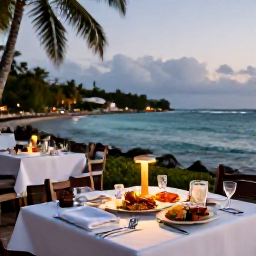 Caribbean Holidays, Guadeloupe Luxury Holidays, Outdoor restaurant in Guadeloupe serving elegant Creole seafood dinner beside the sea at dusk