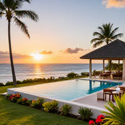 Caribbean Holidays, Guadeloupe Luxury Holidays, Private luxury villa in Guadeloupe with an infinity pool, tropical garden, outdoor dining area and ocean view at sunset