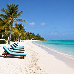 Caribbean Holidays, Guadeloupe Luxury Holidays, Quiet luxury beach in Guadeloupe with soft white sand, turquoise water, sun loungers and palm trees under a clear March sky