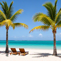 Caribbean Holidays, Guadeloupe Luxury Holidays, Quiet white-sand beach in Guadeloupe with turquoise water, palm trees and a luxury sun lounger under clear January skies
