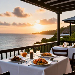 Caribbean Holidays, Guadeloupe Luxury Holidays, Refined Guadeloupe restaurant serving fresh seafood and Creole dishes on an open-air terrace at sunset