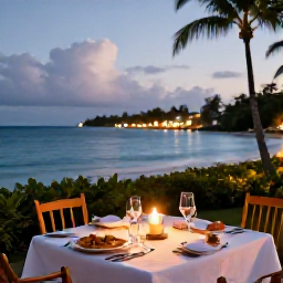 Caribbean Holidays, Guadeloupe Luxury Holidays, Romantic fine dining beside the sea in Guadeloupe, candlelit table, tropical evening and local Caribbean dishes