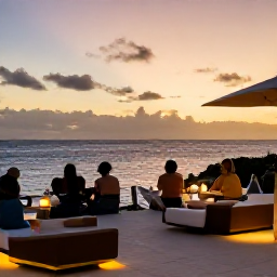 Caribbean Holidays, Guadeloupe Luxury Holidays, Sunset over a luxurious Guadeloupe resort terrace, with ocean views, soft lights and guests enjoying a relaxed evening