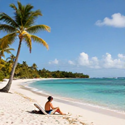 Caribbean Holidays, Guadeloupe Luxury Holidays, Traveller enjoying a quiet luxury beach morning in Guadeloupe, white sand, calm turquoise water and palm trees