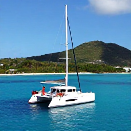 Caribbean Holidays, Guadeloupe Luxury Holidays, Travellers relaxing on a luxury catamaran near the Guadeloupe islands, with bright blue water and green coastline