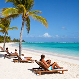 Caribbean Holidays, Guadeloupe Luxury Holidays, Travellers relaxing on a white-sand Guadeloupe beach in December, with turquoise water, sun loungers and palm trees