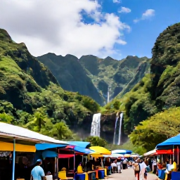 Caribbean Holidays, Guadeloupe Luxury Holidays, Tropical Guadeloupe landscape with rainforest-covered mountains, a waterfall, local food and a colourful Creole market atmosphere