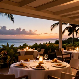 Caribbean Holidays, Guadeloupe Luxury, Refined Guadeloupe restaurant terrace at sunset, Caribbean dishes, tropical plants, warm lighting and ocean view