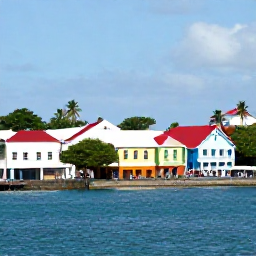 Caribbean Holidays, Guadeloupe March Breaks, Sunny waterfront in Pointe-&agrave;-Pitre, Guadeloupe, with colourful colonial buildings, palm trees and visitors exploring the city