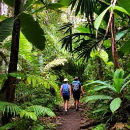 Caribbean Holidays, Guadeloupe March Breaks, Tropical rainforest trail and waterfall in Basse-Terre, Guadeloupe, with hikers walking beneath lush green vegetation