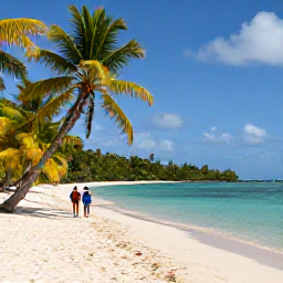 Caribbean Holidays, Guadeloupe Multi-Country, A calm Guadeloupe beach in October with turquoise water, palm trees and a couple walking along the shoreline