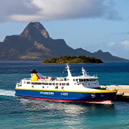 Caribbean Holidays, Guadeloupe Multi-Country, A colourful Caribbean ferry leaving a Guadeloupe harbour, with volcanic mountains, clear water and another tropical island in the distance