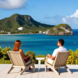 Caribbean Holidays, Guadeloupe Multi-Country, A couple enjoying a relaxed Caribbean multi-country holiday, with a small hotel terrace overlooking blue sea and green hills