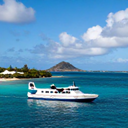 Caribbean Holidays, Guadeloupe Multi Country, A small inter-island ferry and regional aircraft connecting Caribbean destinations, with tropical sea and islands in the background